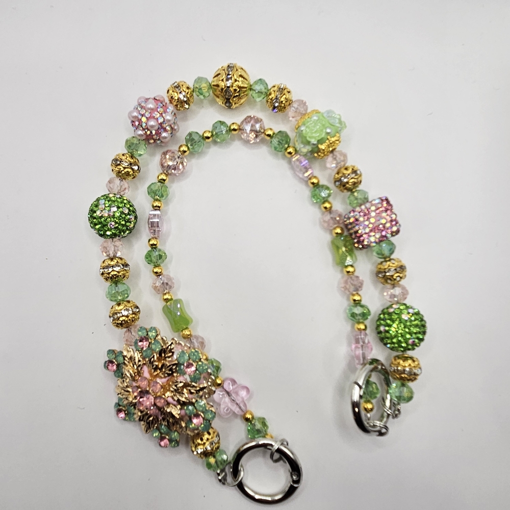 Chic Beaded Bag Chain Or Phone Chain with Green, Pink, and Gold Accents